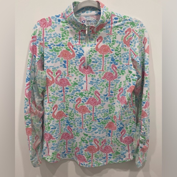 IBKUL Woman Top Size M Multicolor Flamingo 1/4 Zip Long Sleeve UPF 50+ Pullover - Picture 1 of 7